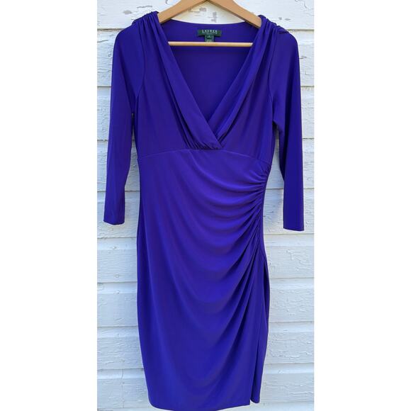 Lauren by Ralph Lauren Dresses & Skirts - Lauren Ralph Lauren Dress Sz 6 Purple Faux Wrap Ruched Waist Midi Royal V-neck